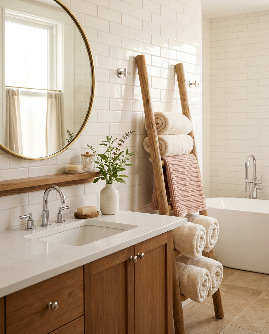 Detailed cleaning of a bathroom vanity and mirror in a warm neutral bathroom