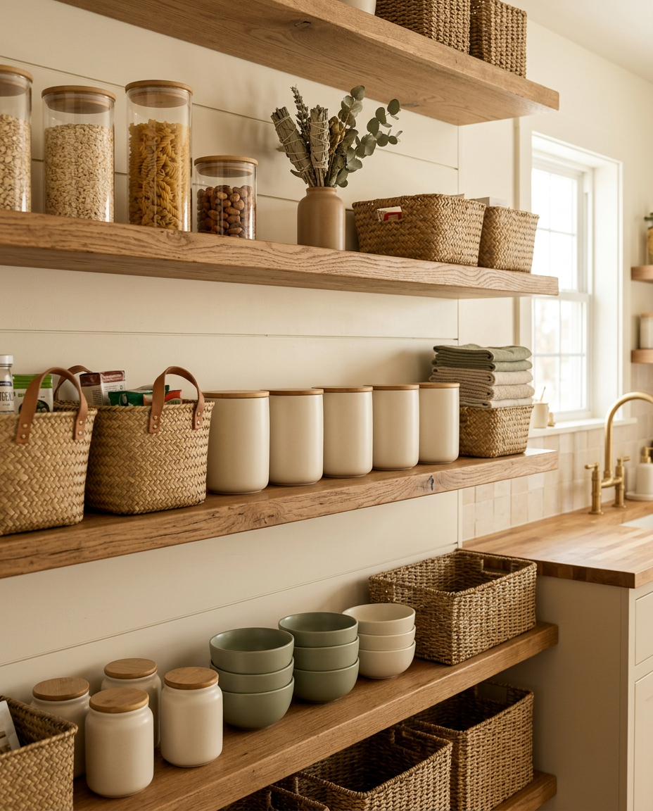 Neatly organized linen shelves with folded towels and woven baskets in a warm neutral pantry