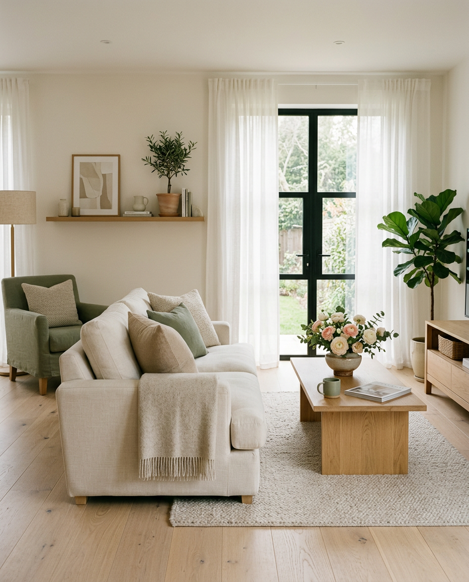 Tidy living room with neatly styled sofa and fresh greenery